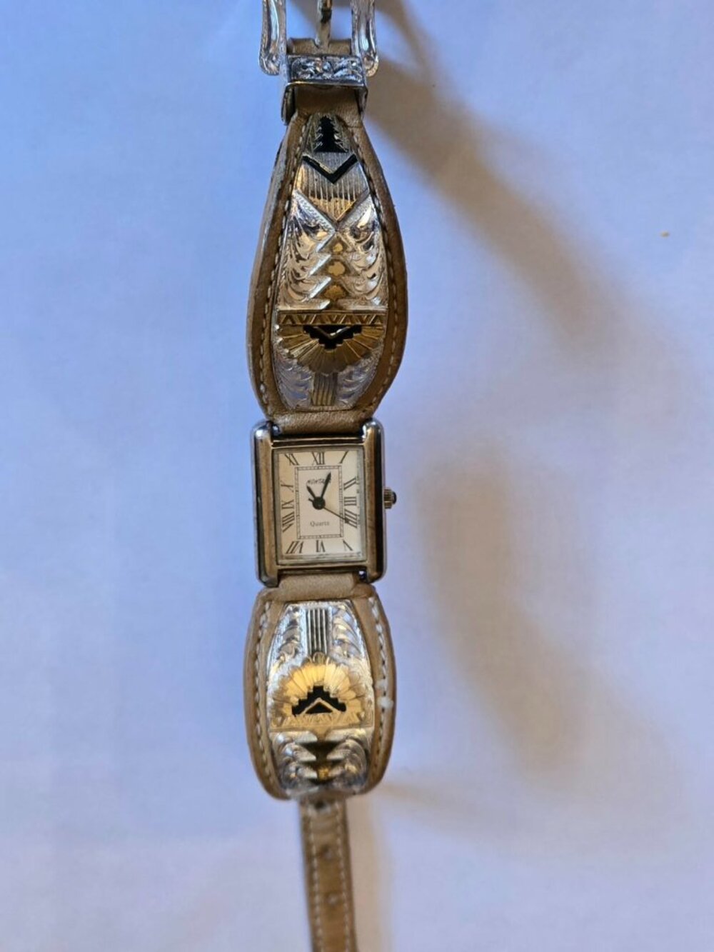 Vintage Montana Silversmiths Watch - Silver/Gold Accents & Leather Band - Works!